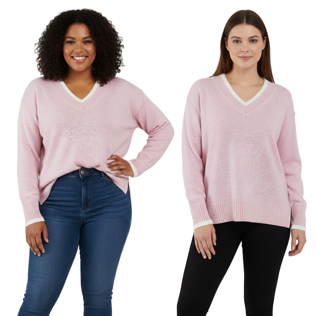 Soft Pink Knit Jumper with V-Neck