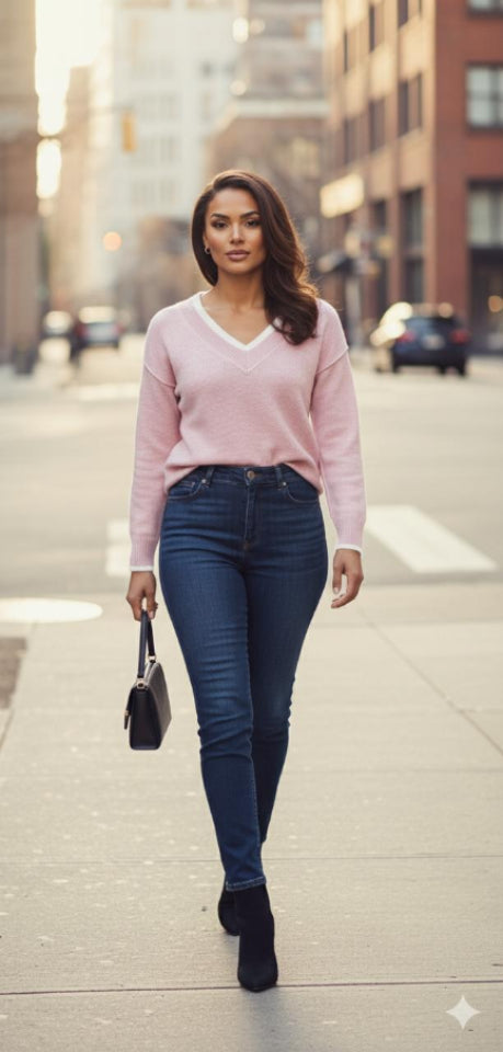 Soft Pink Knit Jumper with V-Neck