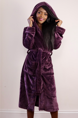Ladies Hooded Premium Plush Dressing Gown Tuscan Wine