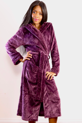 Ladies Hooded Premium Plush Dressing Gown Tuscan Wine